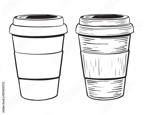 Sketch of disposable Coffee Cup icon in doodle style. Symbolizes on-the-go coffee with convenience, recyclability, and a quick caffeine fix. Hand drawn vector illustration for branding, labels, logos.