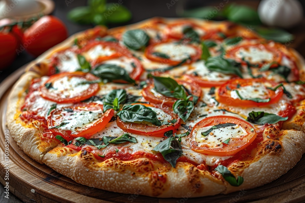 Close-up of a Pizza with Tomato Slices, Mozzarella Cheese, and Basil Leaves on a Wooden Board Close-up of a Pizza with Tomato Slices, Mozzarella Cheese, and Basil Leaves on a Wooden Board