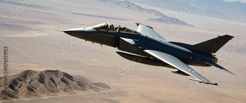 A powerful military jet soaring above desert mountains with sharp beautiful eyes on the pilot photo