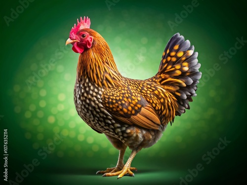 A Stunning Wyandotte Bantam Chicken with Golden Lacing Posed Against a Lush Green Background, Perfectly Positioned for Copy Space and Capturing the Beauty of Poultry Photography photo