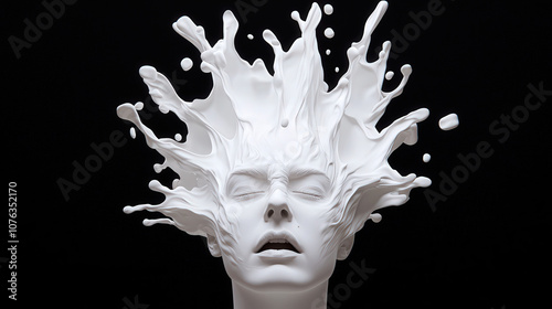 hyperrealistic digital sculpture of head with splashes of white fluid, conveying sense of emotion and creativity photo