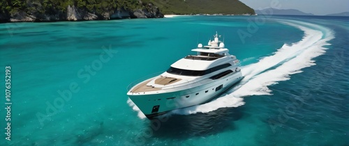 A luxury yacht cutting through turquoise water leaving a clear trail