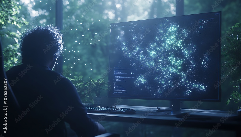 A person sits in front of a glowing monitor displaying a starry visualization, surrounded by greenery and soft natural light. A person sits in front of a glowing monitor displaying a starry visualization, surrounded by greenery and soft natural light.