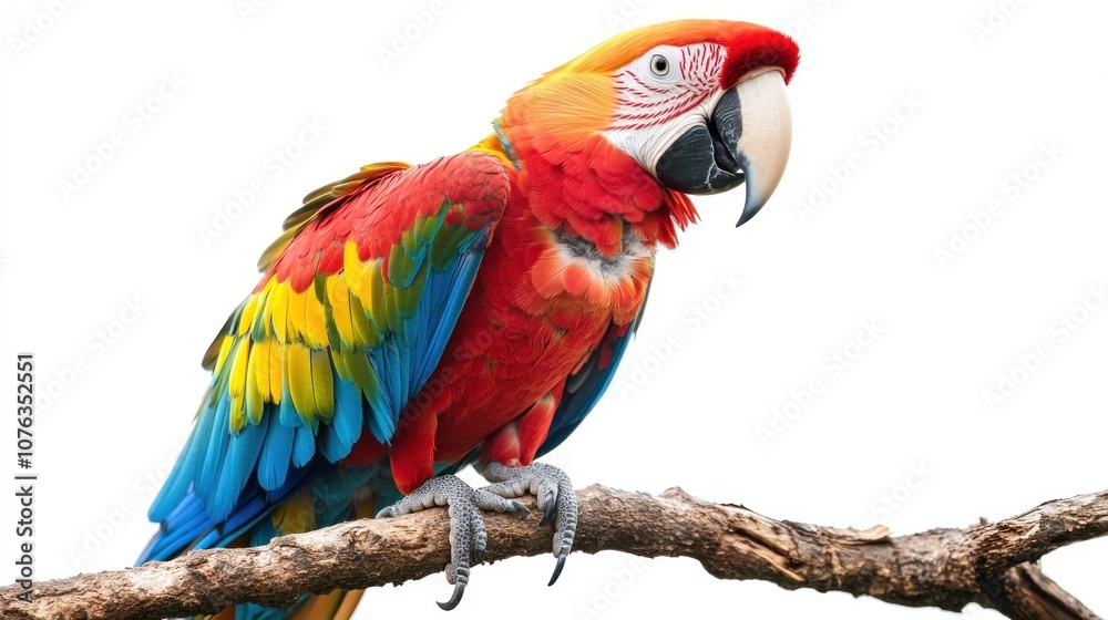 Obraz premium Scarlet Macaw on Branch with White Background