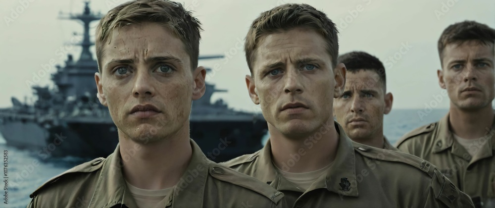 A line of soldiers standing on a carrier ship each with sharp beautiful eyes staring into the distance A line of soldiers standing on a carrier ship each with sharp beautiful eyes staring into the distance