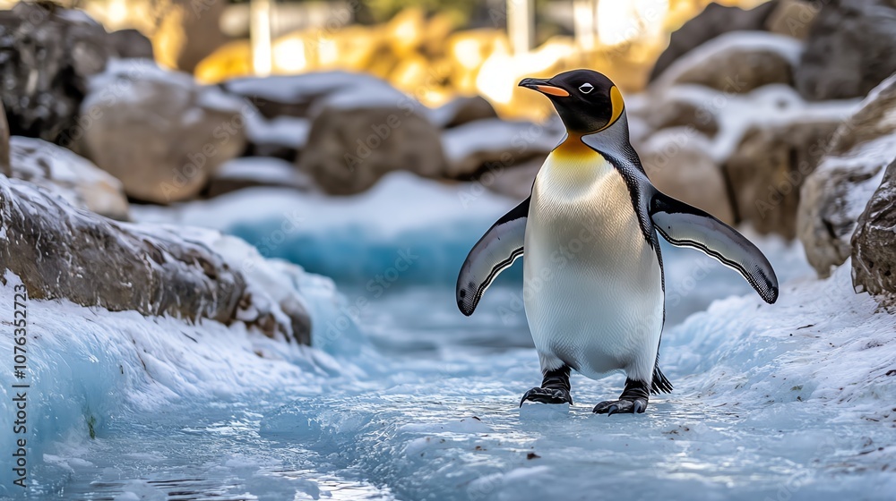 Fototapeta premium Emperor Penguin Stands Majestically on Icy Ground in Nature