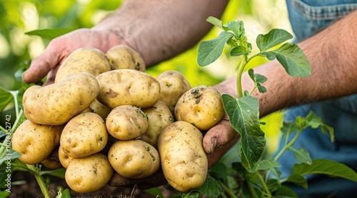 farmer hands holding potatoes fresh in field
