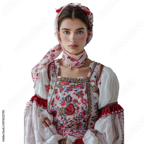 Young woman with floral wreath wearing traditional Ukrainian clothing on transparent background
