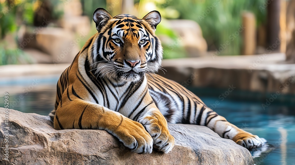 Fototapeta premium Majestic Tiger Relaxes by the Water in a Serene Environment