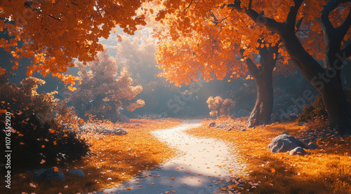 Ethereal Autumn Forest with a Winding Path and Orange Foliage