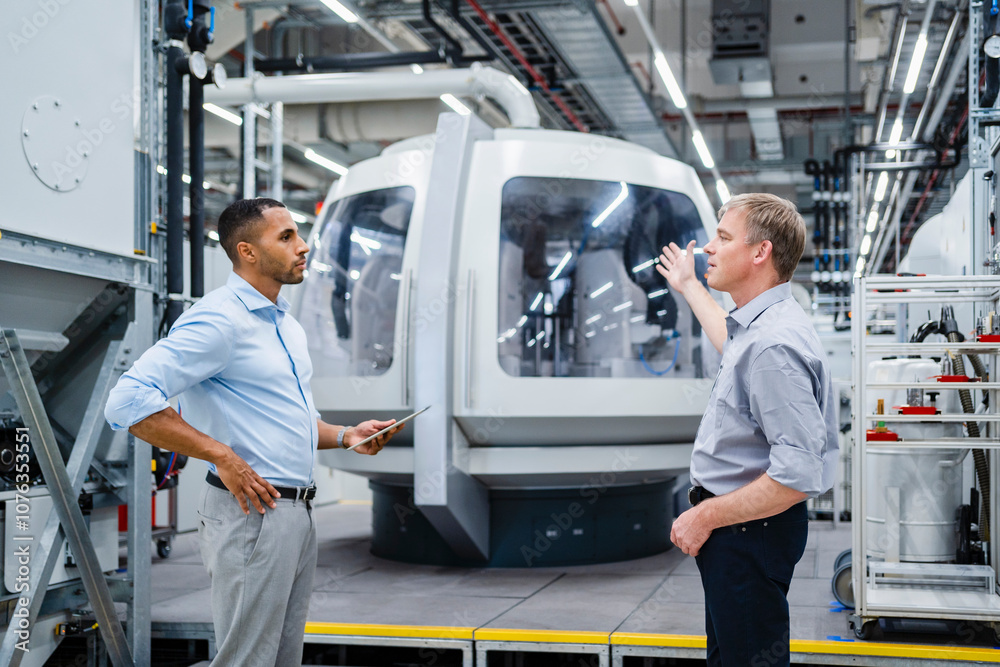 Two businessmen having a meeting at modern machine in a factory Two businessmen having a meeting at modern machine in a factory