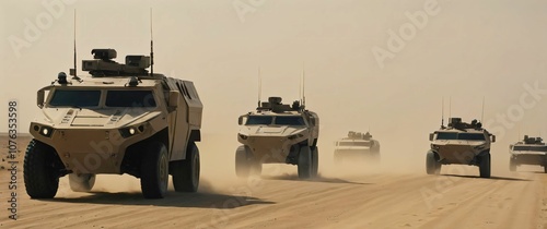 A convoy of futuristic military vehicles moving through a desert with a sandstorm approaching