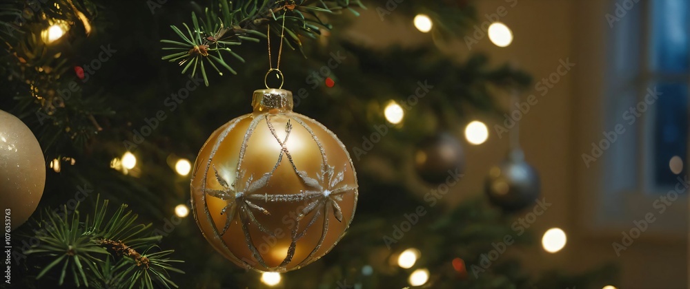 A Christmas ornament in close up reflecting the warm glow of lights on a decorated tree