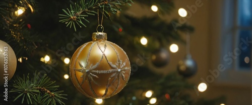 A Christmas ornament in close up reflecting the warm glow of lights on a decorated tree photo