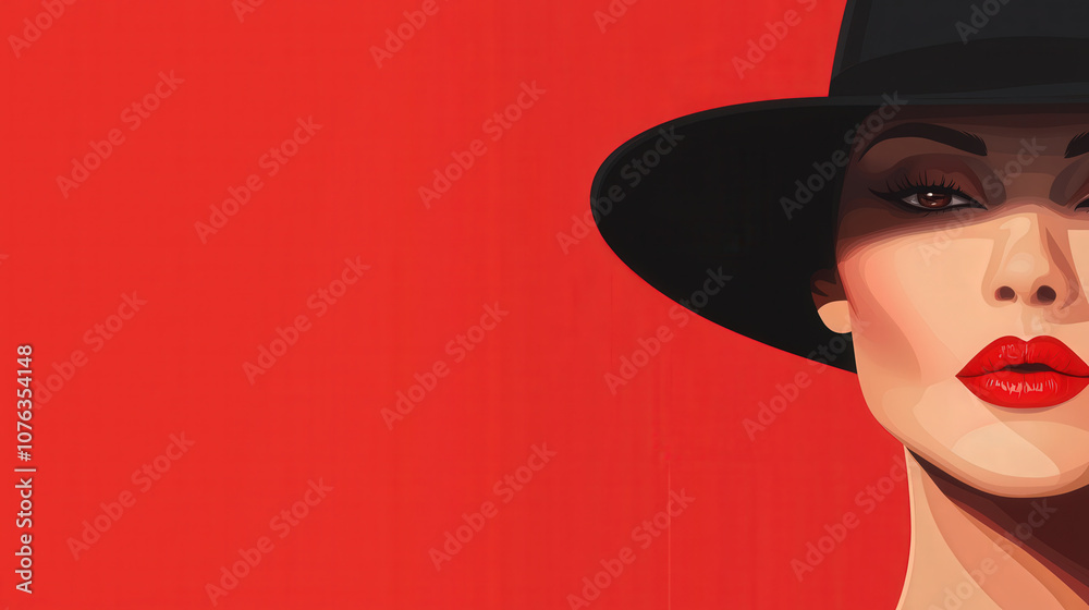 striking close up of female vampire with bold red lips and wide brimmed hat, set against vibrant red background, evokes sense of mystery and allure striking close up of female vampire with bold red lips and wide brimmed hat, set against vibrant red background, evokes sense of mystery and allure