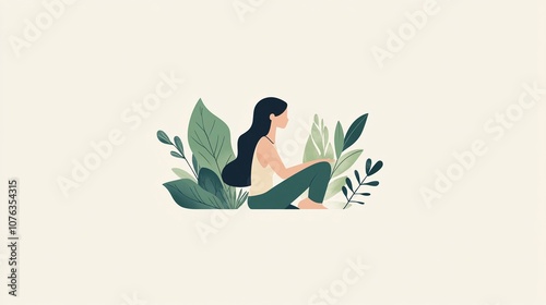 Illustrazione del logo vettoriale, con colori pastello, minimalista, stile 2D di una sagoma di donna che tiene una posizione Yoga, circondata da fogliame verde 