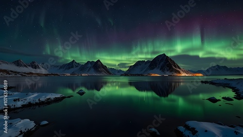The mysterious green light of the Aurora Borealis dances gracefully in the night sky, reflecting its beauty on the surface of the calm lake.The silhouette of the snowy mountains adds dramatic charm to