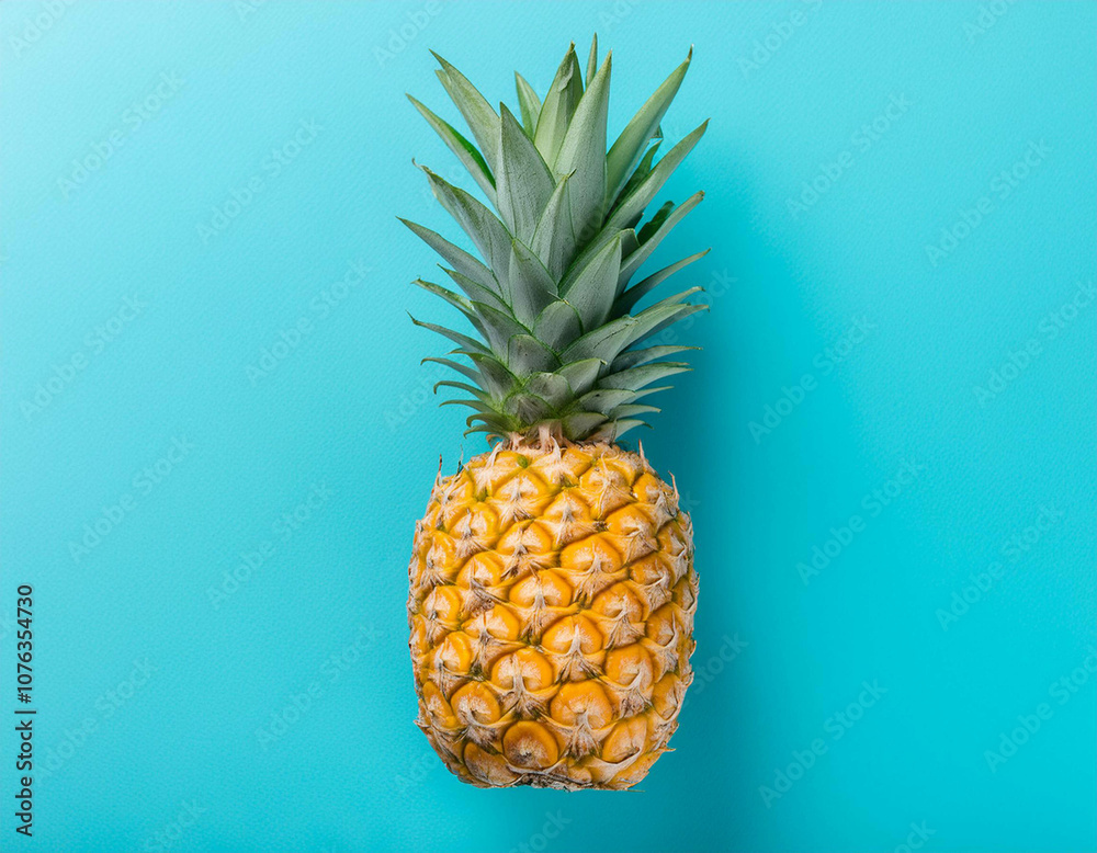 A single pic pineapple on blue background top view
