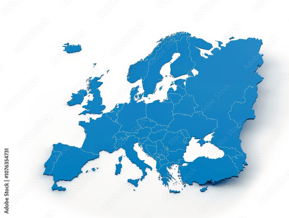 Displaying a vibrant blue map of Europe on a pristine white background, this artwork highlights the countries and borders with clarity and artistic flair, ideal for educational purposes. Displaying a vibrant blue map of Europe on a pristine white background, this artwork highlights the countries and borders with clarity and artistic flair, ideal for educational purposes.