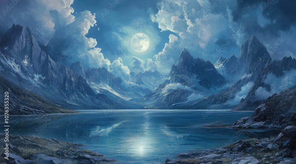 Fototapeta premium Enchanted Mountain Lake with a Bright Moon and Dramatic Clouds