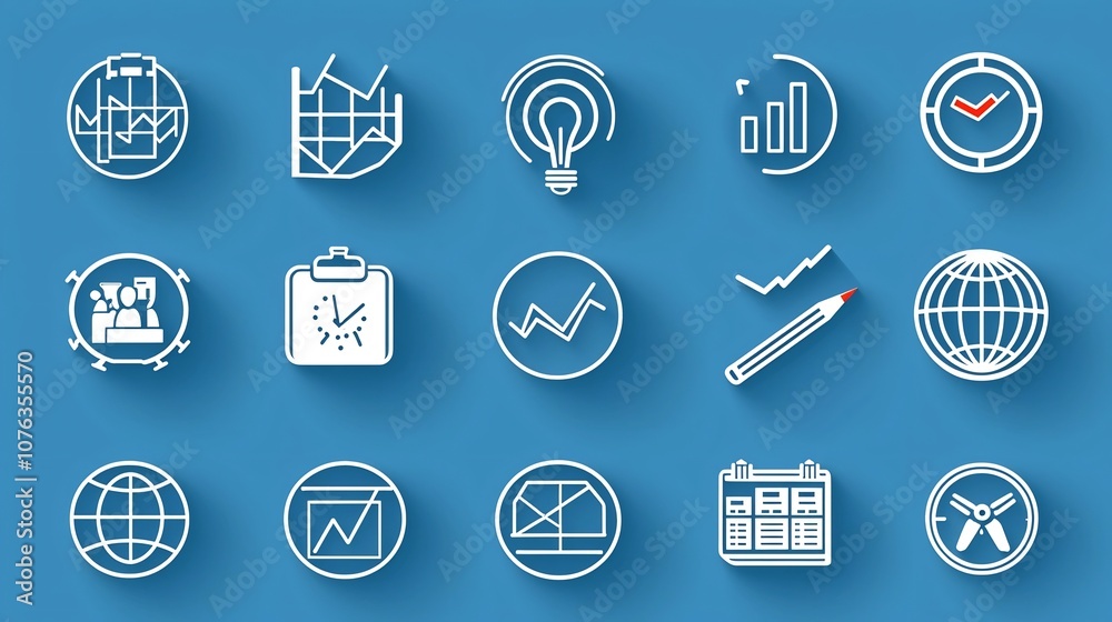 Set of 15 outline icons representing key business themes such as goals productivity growth charts and teamwork symbols in a minimalist editable stroke style Set of 15 outline icons representing key business themes such as goals productivity growth charts and teamwork symbols in a minimalist editable stroke style