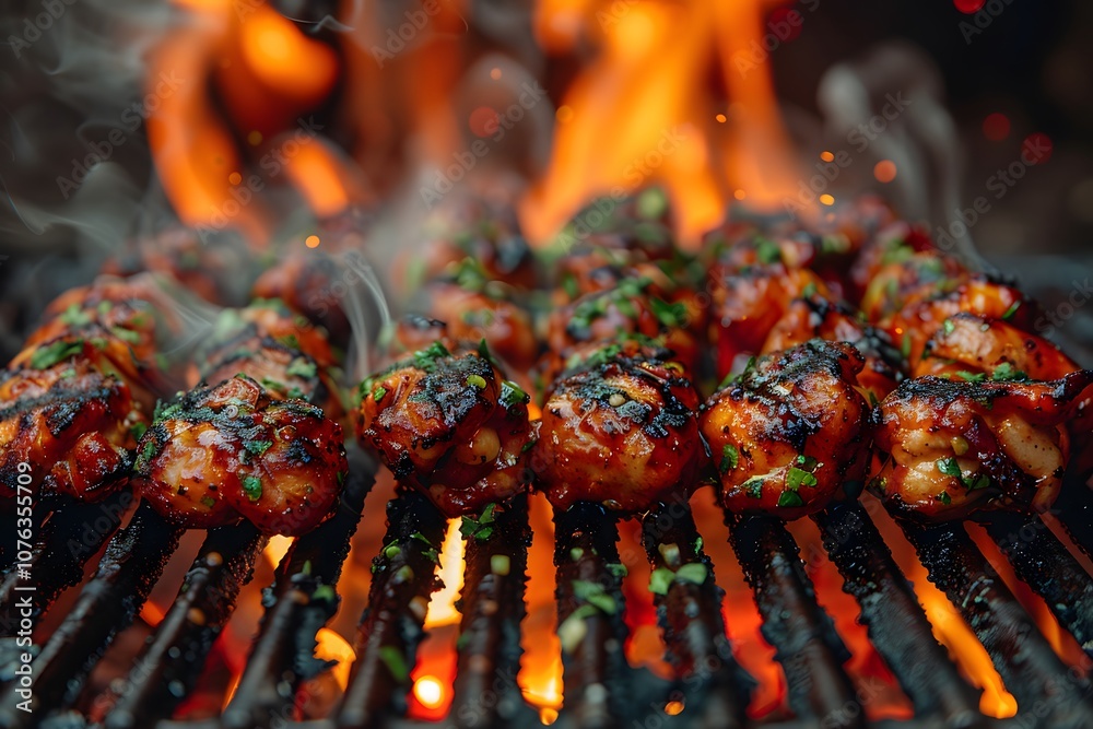 Grilled BBQ Chicken on Flaming Charcoal Grill - Perfect Backyard BBQ Concept