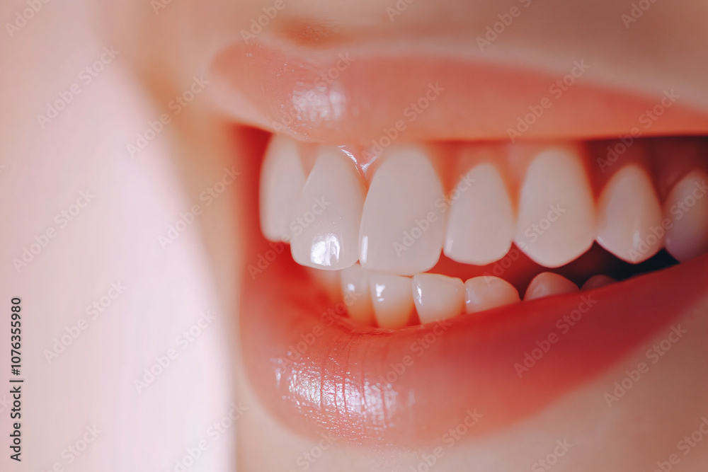 Fototapeta premium Female smile with lip filler. Open mouth with perfect teeth. Dental care, whitening healthy procedure, orthodontic treatment. Fashion cosmetic concept. Sensual beauty banner with copy space