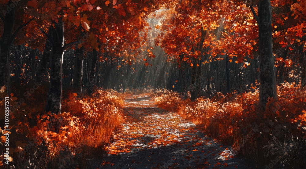 Autumn Forest Path Under a Canopy of Fiery Orange Leaves Autumn Forest Path Under a Canopy of Fiery Orange Leaves
