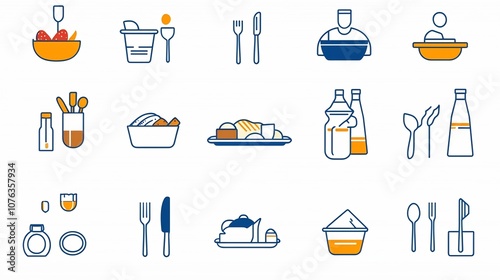 Fototapeta Naklejka Na Ścianę i Meble -  A set of elegant thin line icons illustrating various elements of the dining service experience including a waiter serving tray cutlery plates glasses and other tableware items