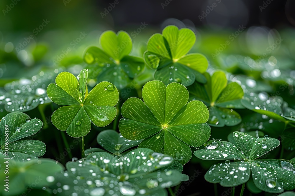 Fresh Clover Leaves with Morning Dew Drops for Nature and St. Patrick's Day Themes