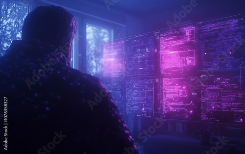 A figure stands before vibrant, glowing screens in a dimly lit room, creating an atmosphere of technology and intrigue.