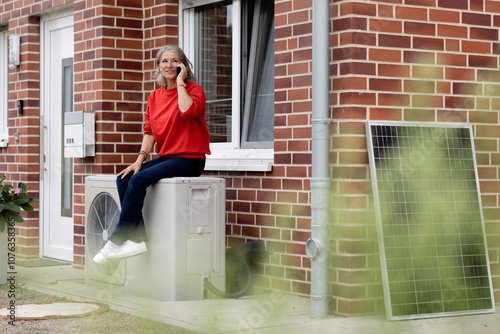Senior woman talking through smart phone and sitting on heat pump