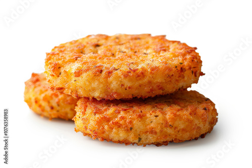 Chicken patties or fish cakes fried in breadcrumbs . isolated on white background