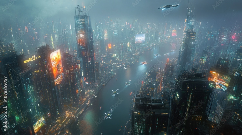 Fototapeta premium Futuristic Cityscape with Glowing Lights and Flying Vehicles