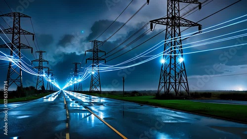 Electric Power Lines Over Wet Road with Blue Night Sky