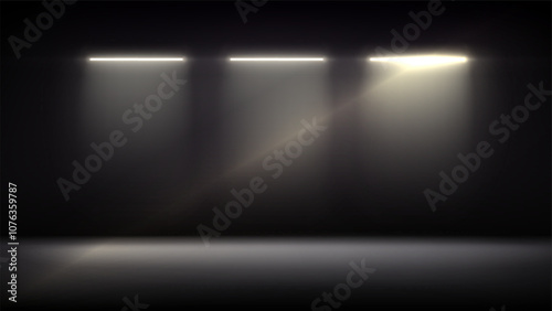 Studio interior, stage with neon, led lighting. Dark background, backdrop for mounting, product placement. Modern black interior with light. Design element. Vector background, template, mockup