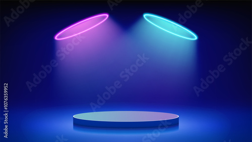 Futuristic blue stage, podium. Blue room with round podium pedestal illuminated by circular magenta blue neon, led halo. Background for displaying products, presentation. Backdrop. Showcase. Vector