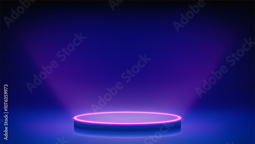 Futuristic blue stage with glowing podium. Blue room, round neon pedestal podium illuminating the advertised product from below. Background for displaying products, presentation. Backdrop. Vector