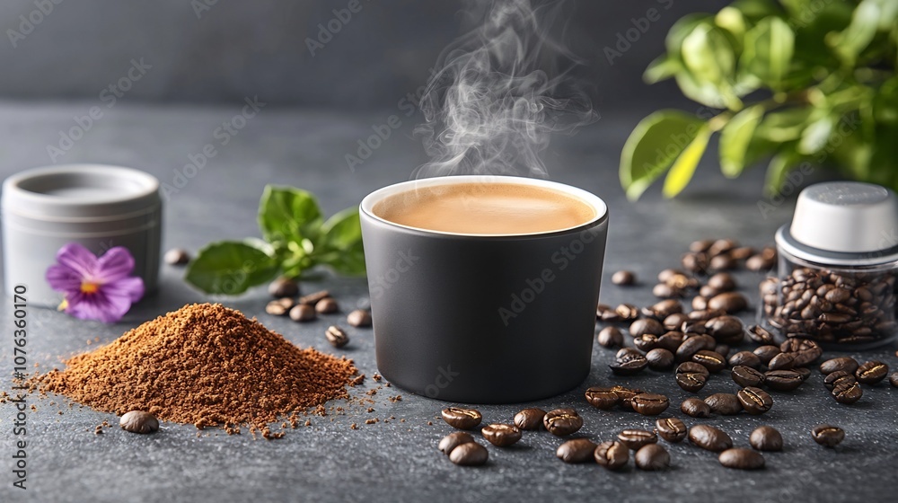 Naklejka premium image featuring a steaming black coffee cup with a dark moody background surrounded by whole coffee beans and ground coffee evoking a rich robust flavor and aroma