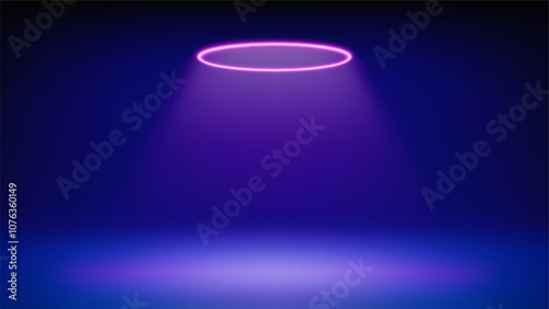 Futuristic blue stage. Room illuminated by circular magenta neon, modern pink led halo spotlight. Blue background for displaying products, presentation, ad. Backdrop. Showcase. Vector illustration
