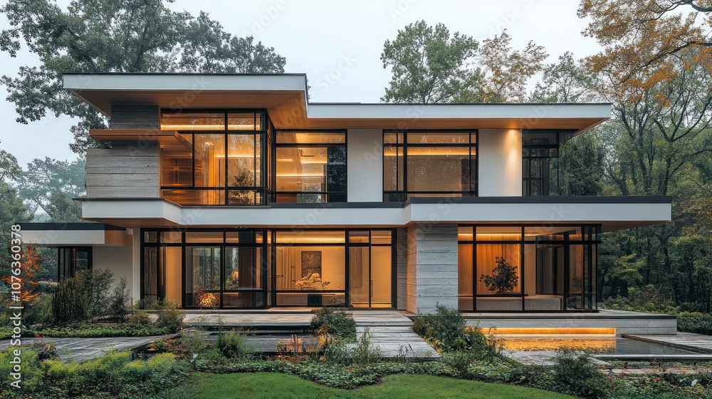 Modern home with large windows, stone exterior, and lush landscaping. Modern home with large windows, stone exterior, and lush landscaping.