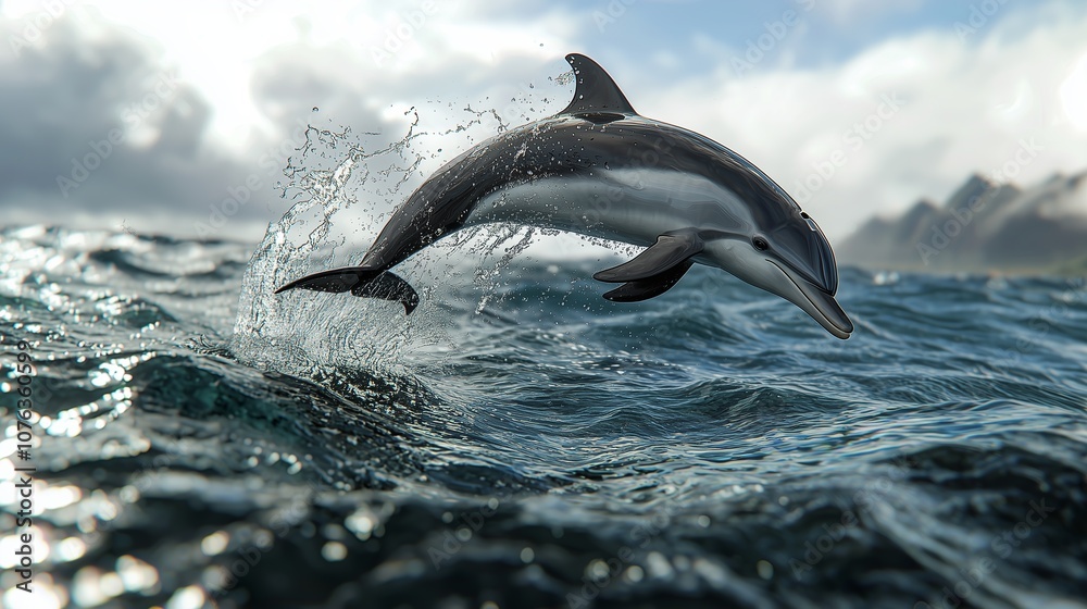 Obraz premium Dolphin Leaping Over Ocean Waves in Dynamic Scene