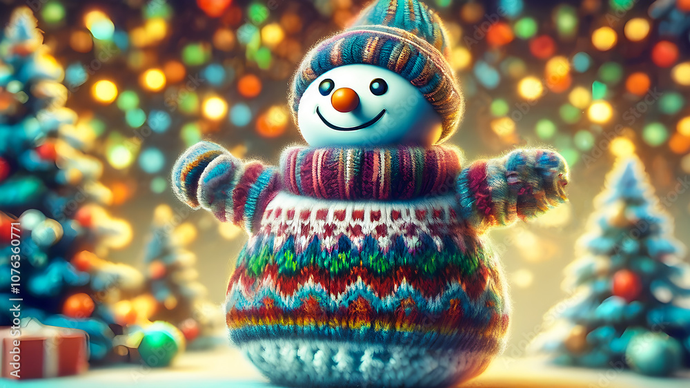 knitted snowman on a background with bokeh for New Year's Eve and Christmas knitted snowman on a background with bokeh for New Year's Eve and Christmas