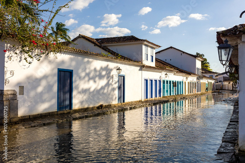 Street of historical center in Paraty, Rio de Janeiro, Brazil. Paraty is a preserved Portuguese colonial and Brazilian Imperial municipality, world heritage site