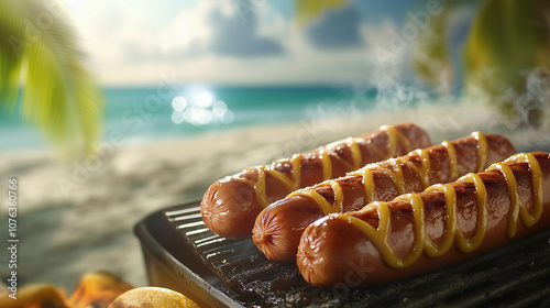 Grillowane hot dogi na plażowym grillu, przyrządzane na otwartym ogniu z widokiem na ocean. photo