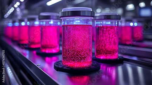 Biotech lab showcasing vibrant pink liquid in jars, highlighting innovative food production techniques and advanced technology in modern facility photo