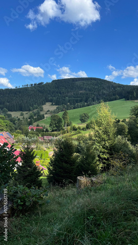 Panoramic view of a mountain village with houses in a mountain Polish valley. Bielice photo