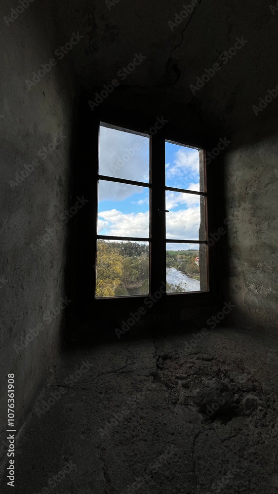 Old windows in the castle, view from the inside Poland