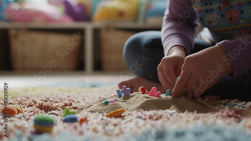Therapist using sand tray with miniature objects in cozy room to help client express emotions, therapeutic session focusing on emotional expression and mental health.