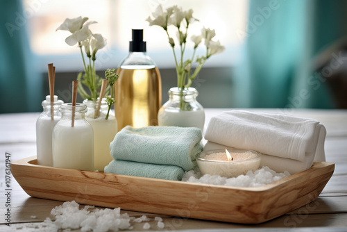 Wooden tray with spa essentials: essential oils, bath salts, and soft towels, warm bokeh